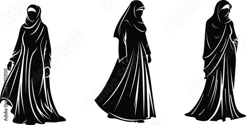 Elegant Muslim Women in Abayas Vector Silhouettes