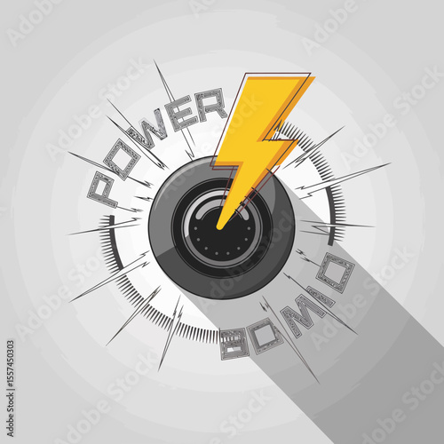 Dynamic illustration of a car tire with a bright yellow lightning bolt striking it symbolizing power and speed set against a light gray background with radiating lines and the word power