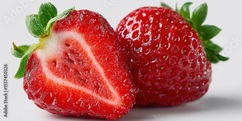 3D Fruit, Sliced strawberry showcasing inner detail on a white background.