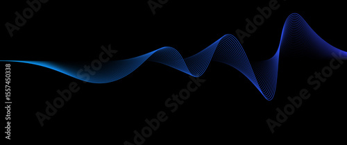 Neon sound wave on black background. Abstract flowing wavy dot lines design for ai concept, eq equalizer, audio record, voice assistant. Vector blue purple gradient.