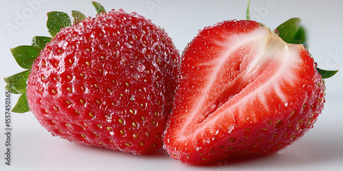 3D Fruit, Fresh sliced strawberry showcasing inner detail on a white background.