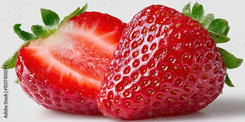 3D Fruit, Sliced strawberry showcasing inner detail on a white background.