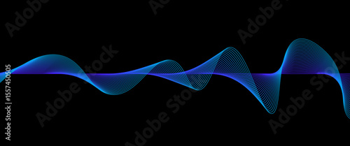 Neon sound wave on black background. Abstract flowing wavy dot lines design for ai concept, eq equalizer, audio record, voice assistant. Vector blue purple gradient.
