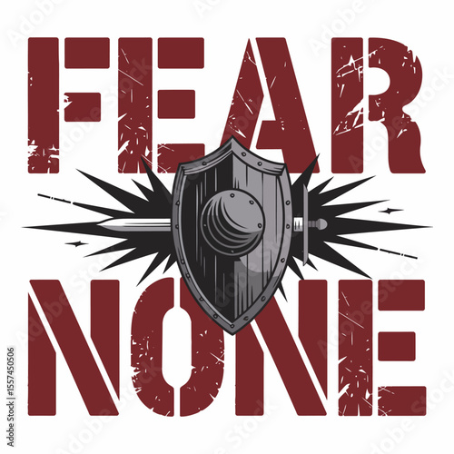 Fear none motivational quote with a medieval shield and sword emblem symbolizing strength courage and resilience in the face of adversity