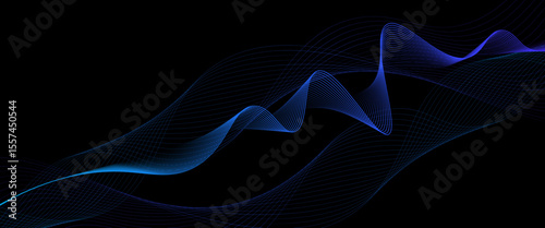 Neon sound wave on black background. Abstract flowing wavy dot lines design for ai concept, eq equalizer, audio record, voice assistant. Vector blue purple gradient.