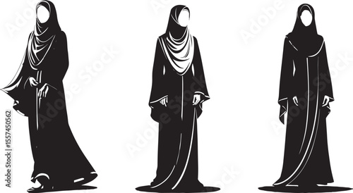 Elegant Muslim Women in Traditional Abayas Vector Illustration