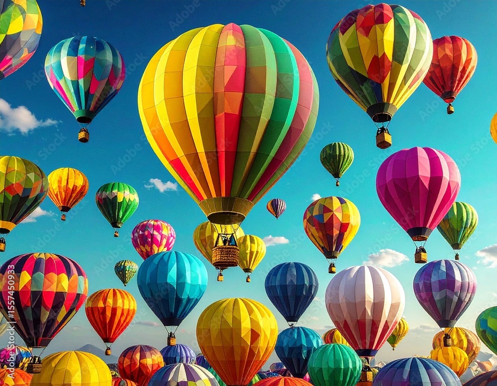 Naklejka premium Vibrant Hot Air Balloons Ascending in a Clear Blue Sky, Festival Celebration
