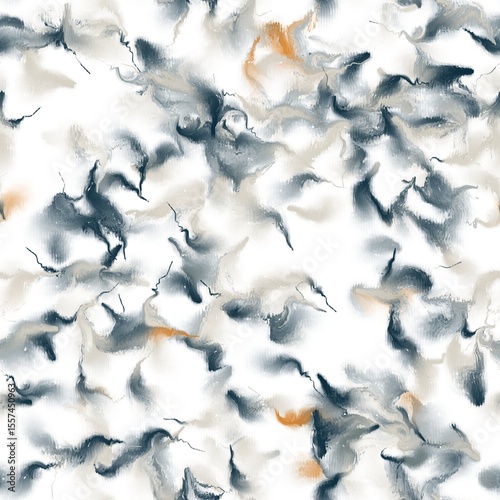 Marble texture, abstract seamless hand drawn pattern. Dark blue grey, quill grey, hit grey and dull orange colors. Chaotic brush strokes.