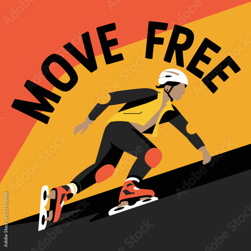 Dynamic illustration of a person in protective gear rollerblading with the words move free in bold black lettering against a vibrant orange and yellow background