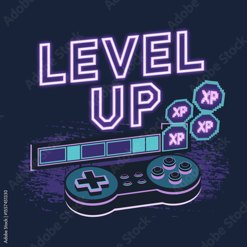 Level up gaming concept featuring a retro video game controller xp points and a progress bar with neon lighting against a dark grunge background
