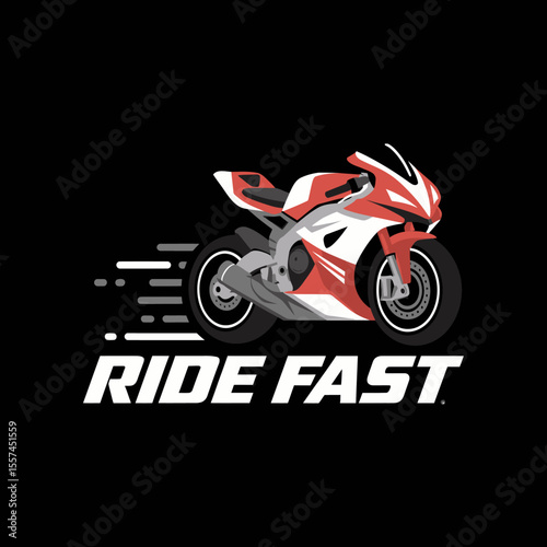 Dynamic illustration of a red and white sport motorcycle in motion with the text ride fast on a black background symbolizing speed and adventure
