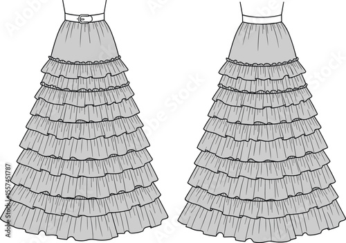 Fashion cad drawing of layered ruffle long skirt, technical flat sketch, tiered silhouette, waistband detail, vector illustration, garment template