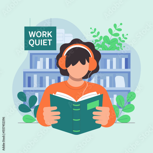 Person wearing headphones reads a book in a quiet library with shelves of books and plants emphasizing focus and concentration for study or work