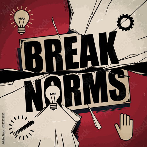 Break norms bold typography with creative icons symbolizing innovation and nonconformity against a red background