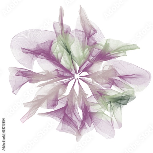 Beautiful abstract flower on the white background. Riffle green, summer green, pinkish grey and dusty purple colors.