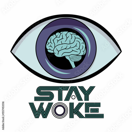 Stylized illustration of an eye with a brain visible in the pupil symbolizing awareness and intellect accompanied by the phrase stay woke in bold graphic lettering