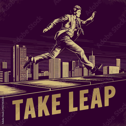 Dynamic illustration of a determined businessman in a suit leaping across a city skyline with the words take leap prominently displayed below