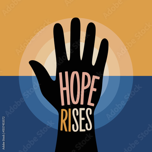 A black silhouette of a hand with the words hope rises written on it against a backdrop of a sunset over the ocean