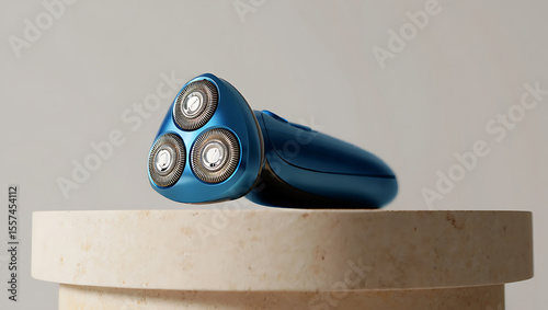 Blue Electric Razor Three Rotary Blades Shaving Device Men Grooming Product Beige Marble Surface image