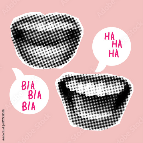 Retro halftone collage element with dotted  texture with mouths and speech bubbles