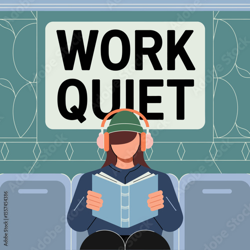 A person wearing headphones and a hat reads a book while sitting on a train or bus with a sign that says work quiet