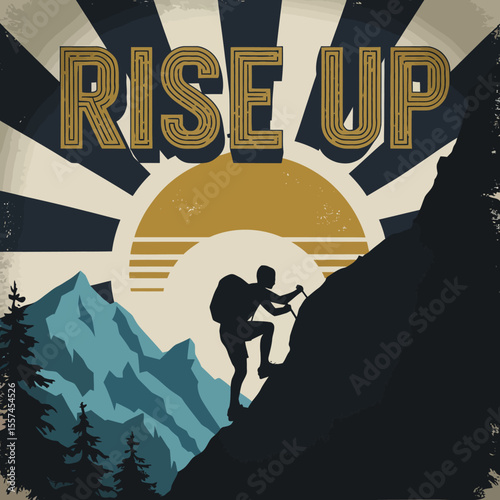Silhouette of a determined hiker with a backpack and trekking poles climbing a steep mountain against a rising sun and stylized rays