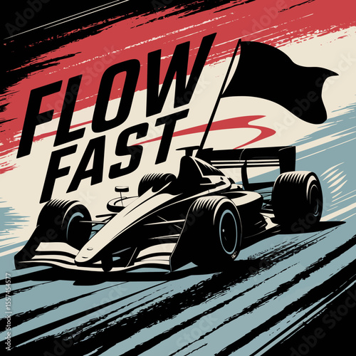 Dynamic retro style illustration of a formula 1 race car in motion with a black checkered flag and the words flow fast emblazoned across the scene