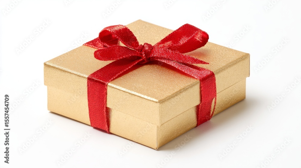 Fototapeta premium Golden gift box with red ribbon bow, elegant and festive, symbolizing luxury and celebration 