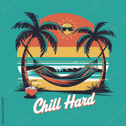 Relaxing tropical beach scene with a hammock strung between two palm trees a cool sun wearing sunglasses and a refreshing coconut drink perfect for summer vacation vibes