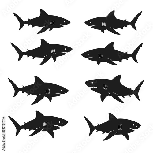 Shark icon, vector design big pack of fish illustration. Shark vector silhouette set. Shark logo, sea fish, set of black and white shark. Vector illustration.