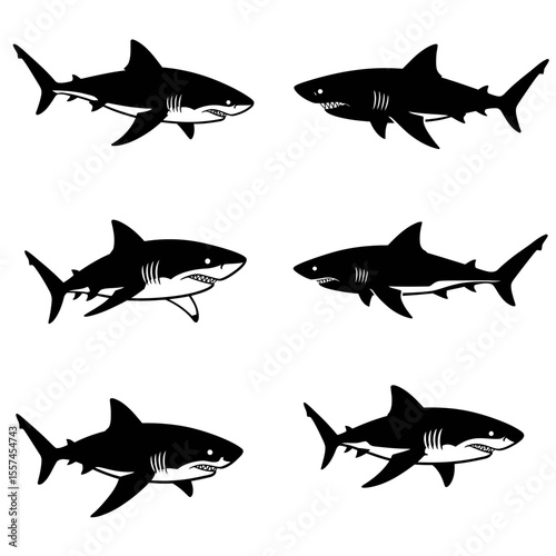 Shark icon, vector design big pack of fish illustration. Shark vector silhouette set. Shark logo, sea fish, set of black and white shark. Vector illustration.
