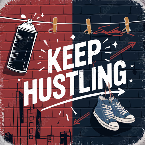 Keep hustling motivational graphic with spray paint can sneakers and city skyline on a brick wall background symbolizing urban ambition and dedication