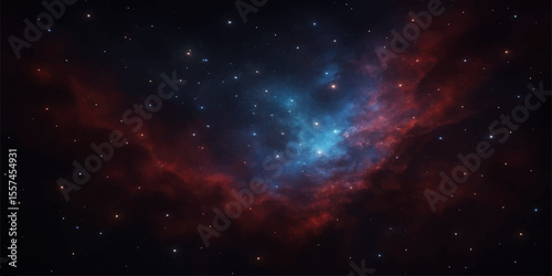 Bright blue and dark outer space galaxy with stars, nebula, and distant planet in a fantasy, abstract night sky illustration