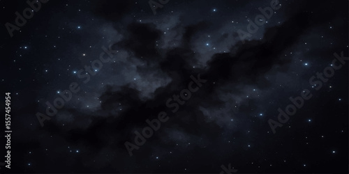 An abstract dark blue starry night sky with bright stars, galaxy, and nebula