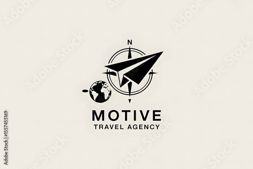 Minimalist logo for Motive Travel Agency: black paper airplane flying over black compass on white background, clean and elegant design.
