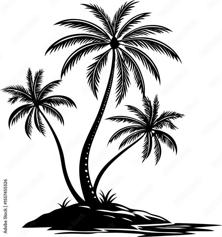 Fototapeta premium Black palm tree outlines in silhouette style, designed for tropical sunset scenes or digital illustrations.
