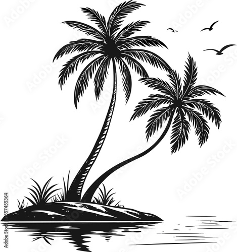Palm tree silhouette graphic, clean and isolated, suitable for tropical décor, digital backdrops, or print-ready artwork.