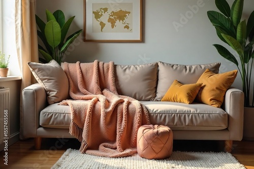 Cozy Living Room Plush Blanket Draped Over Sofa and Armchair, Creating a Warm and Inviting Atmosphere Perfect for Home Decor, Comfort, and Relaxation