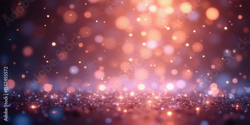 Bright holiday Christmas lights glow on an abstract winter background with bokeh and star patterns