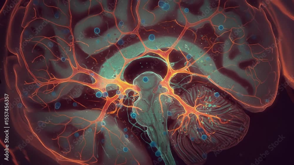 Detailed visualization of a brain with neural networks and active ...