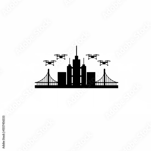 A smart city concept with interconnected towers and drones on white background
