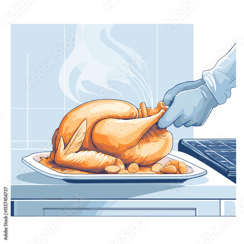 Gloved hand lifting roasted turkey on plate in modern kitchen