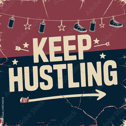 Keep hustling motivational poster with graffiti spray cans sneakers and stars hanging on a string symbolizing urban culture and perseverance