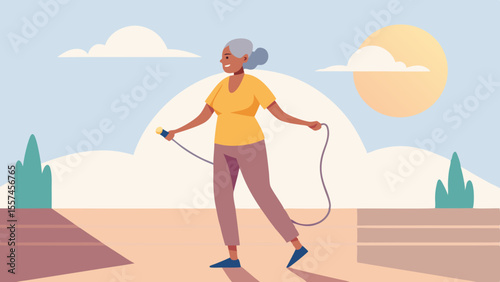 Elderly woman skipping rope outdoors on a sunny day promoting fitness and active lifestyle