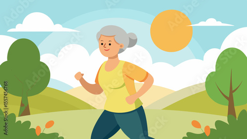 Smiling senior woman jogging outdoors in a sunny natural landscape promoting healthy and active lifestyle