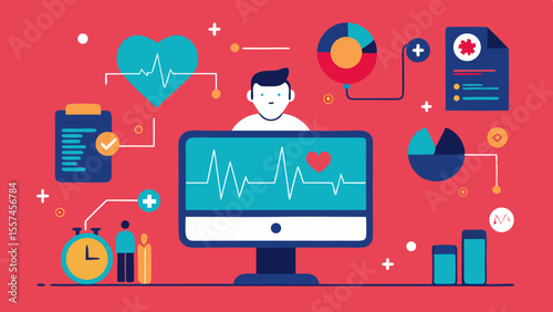 Flat design illustration of telemedicine with doctor monitoring patient data on screen and medical icons surrounding digital health interface