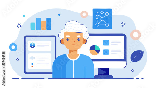 Elderly person working with data analysis and artificial intelligence on computer screens in a modern digital environment