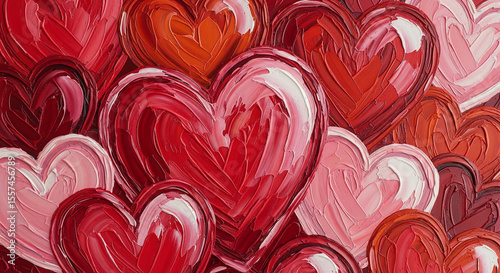 Impasto red and pink hearts, textured painting, Valentine's Day theme, symbolizes love and affection