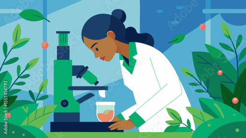 Female biologist analyzing sample under microscope in green eco laboratory surrounded by plants and natural elements