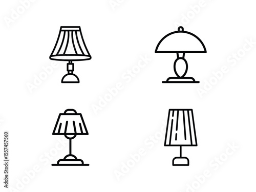 Table lamp outline icon collection. Simple and universal black line art of table lamps. Suitable for technology, home lighting concepts, decoration and lifestyle visuals.